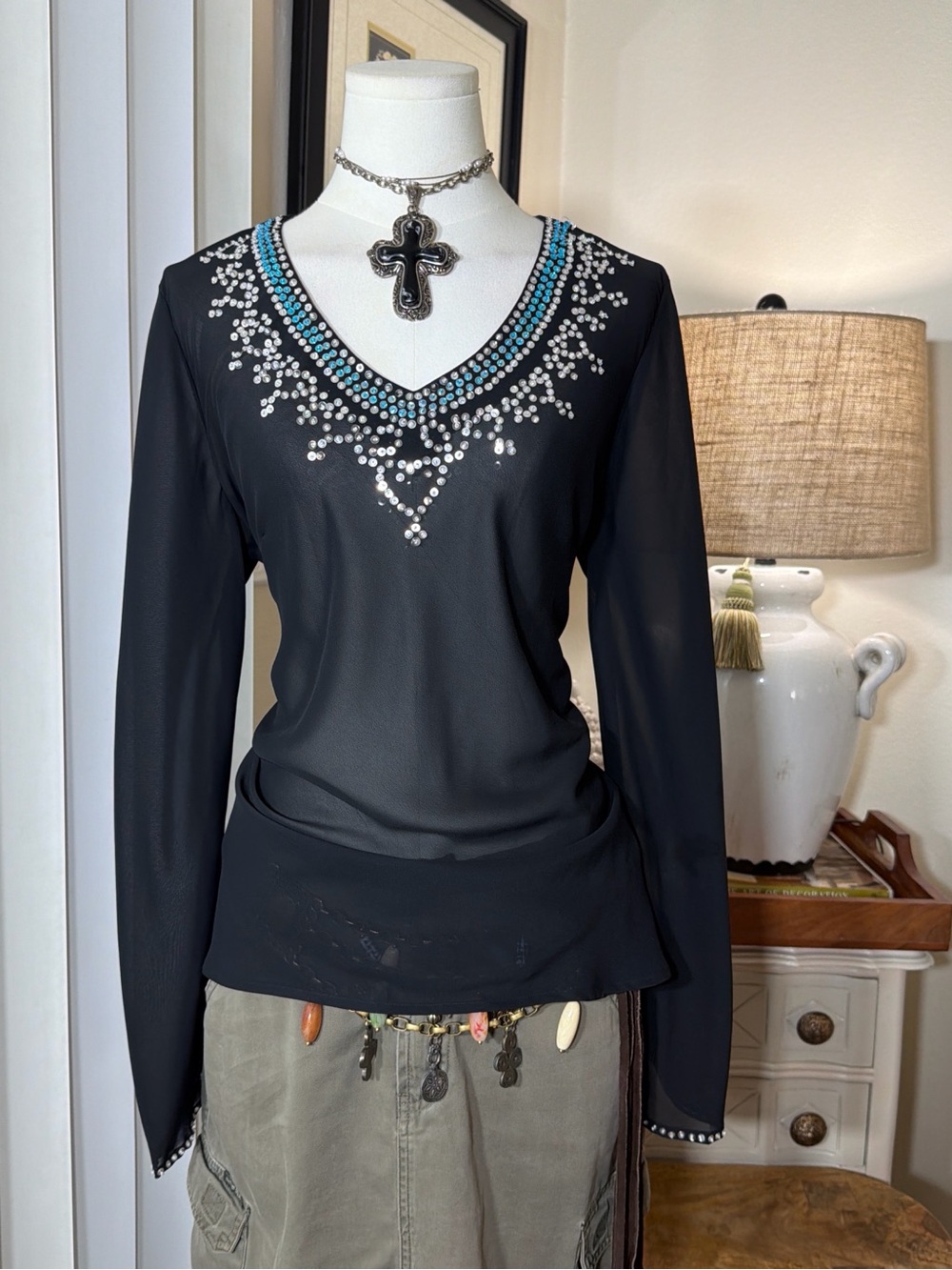 Black V-Neck Long-Sleeve Top with Turquoise and Silver Embellishment